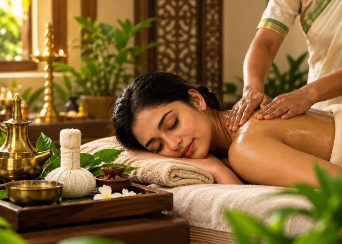 Authentic Ayurvedic massage centre with a woman receiving a relaxing back massage in a serene spa setting.