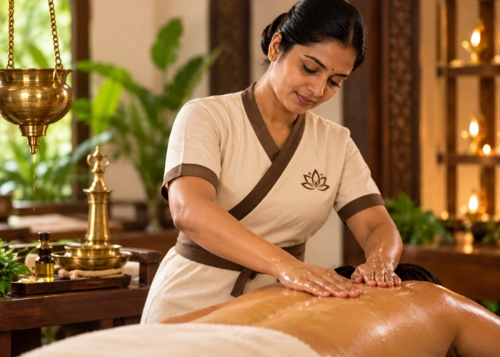 Female therapist performing traditional Abhyanga massage at an authentic Ayurvedic massage centre in a serene spa setting.