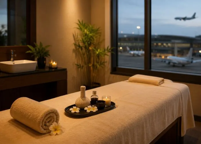 Relaxing spa treatment room with airport views at a coimbatore spa hotel